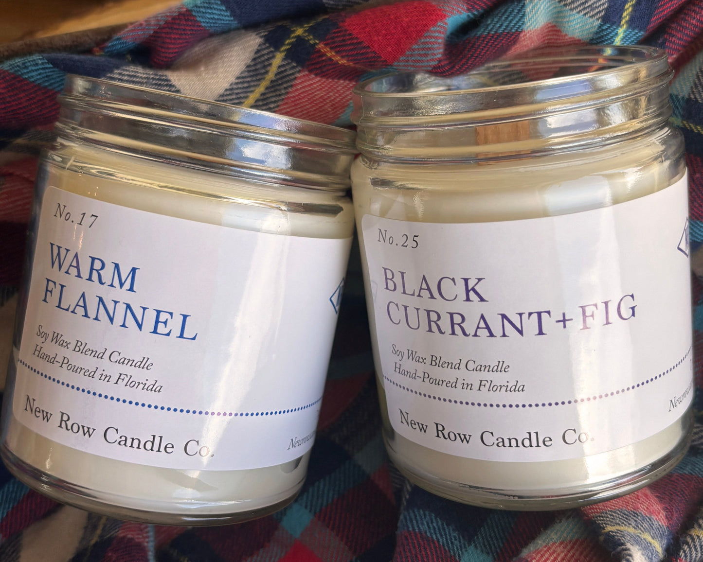 New Row Candle Co Warm Flannel and Black Currant Fig Wood Wick Candles