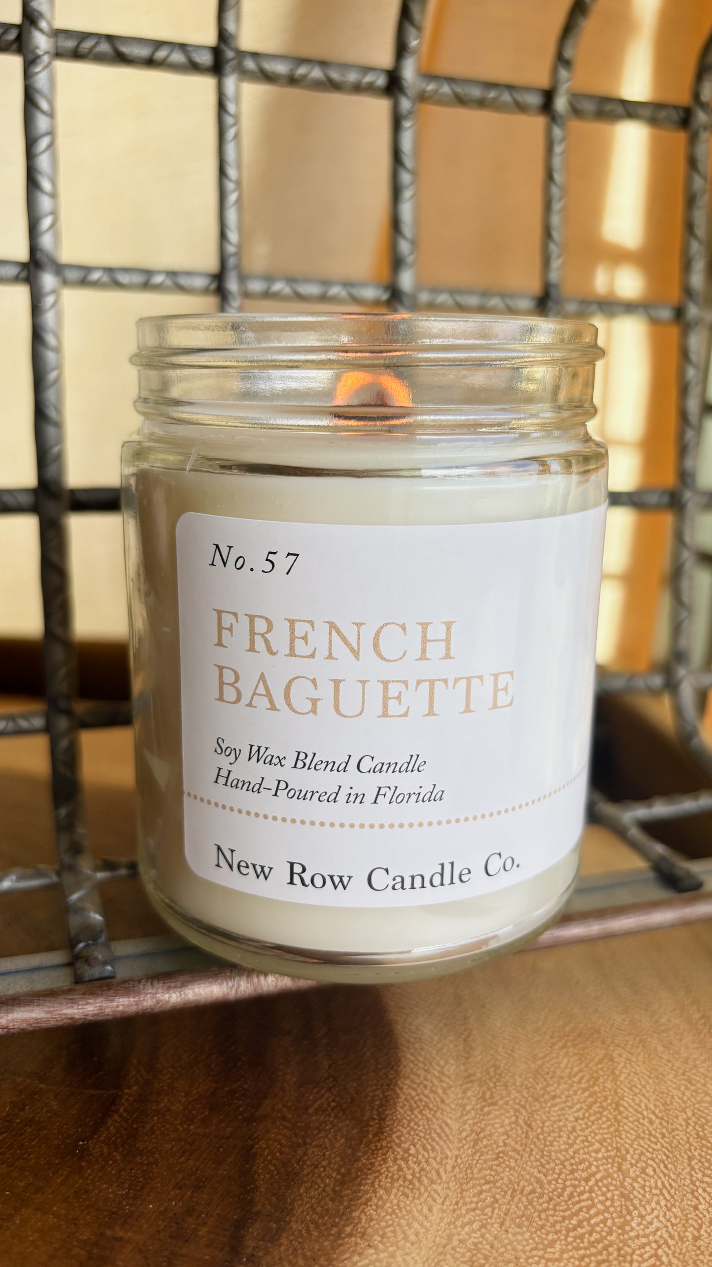 New Row Candle Co French Baguette Wood Wick Farmhouse 7 oz Candle Lit
