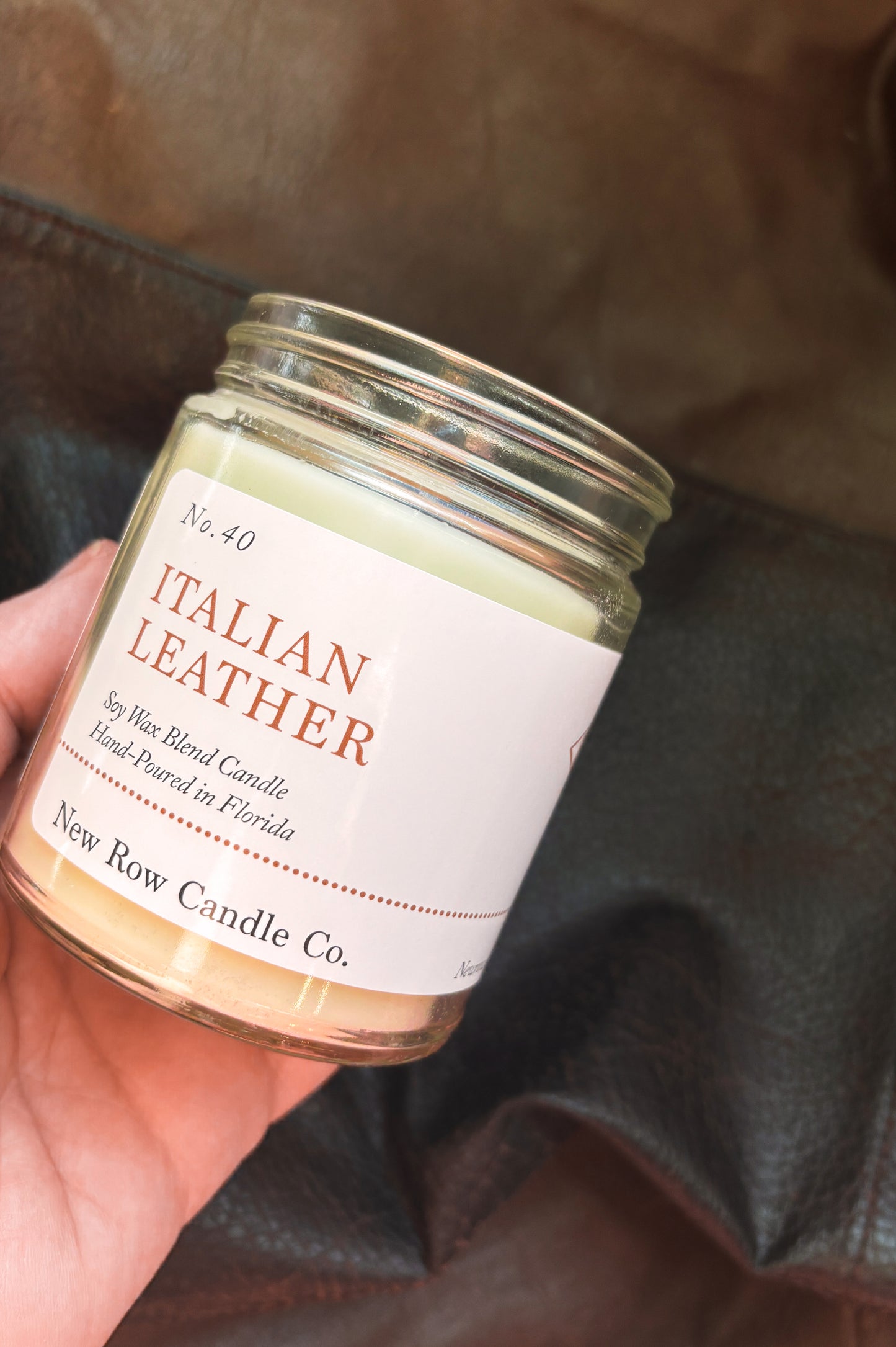 New Row Candle Co Italian Leather Wood Wick Farmhouse 7 oz Candle