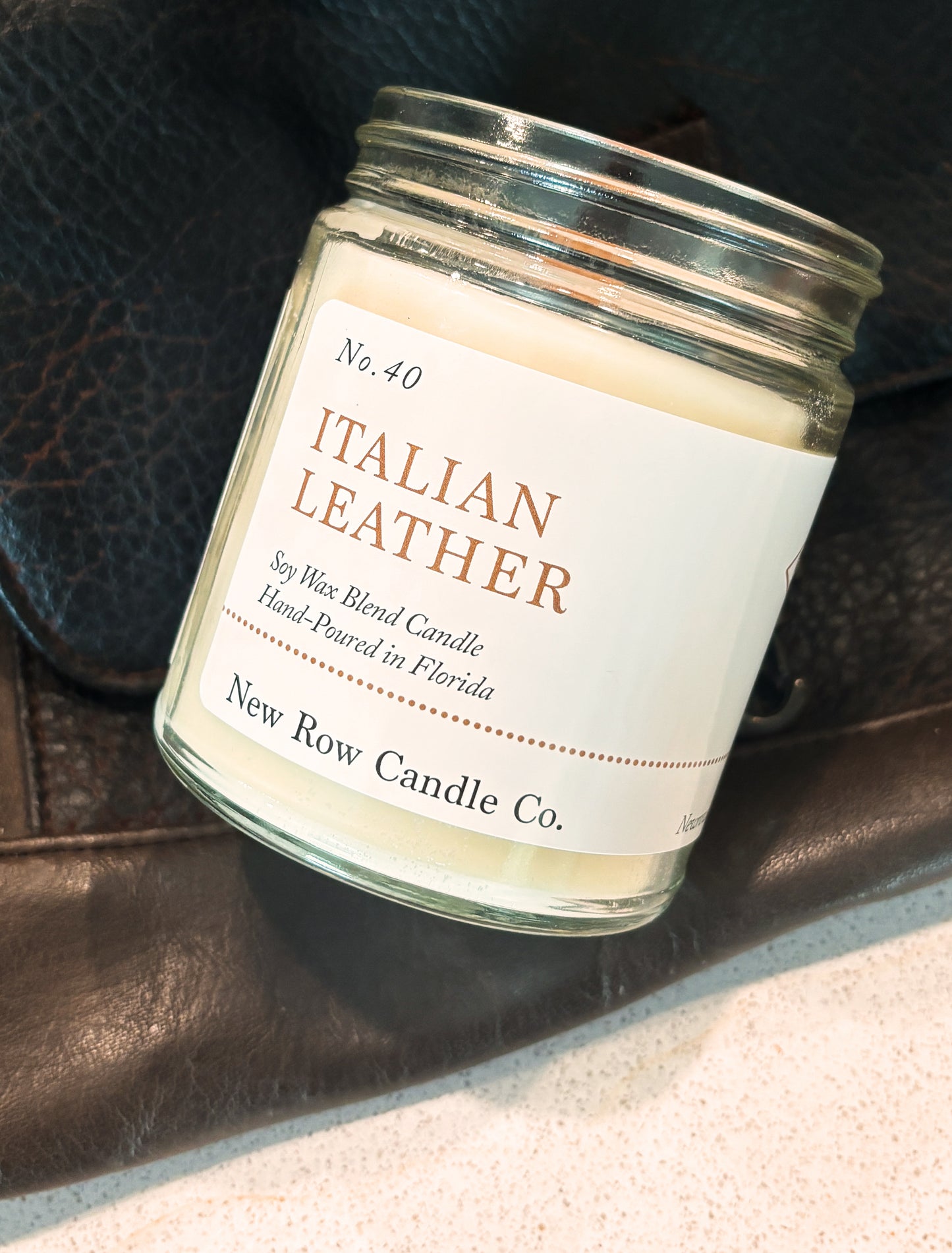 New Row Candle Co Italian Leather Wood Wick Farmhouse 7 oz Candle